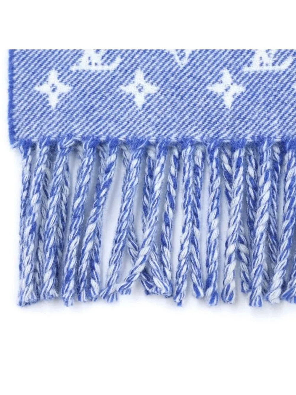 Louis Vuitton Echarpe Denim Embellished Monogram Patch Logo Fringe Wool Scarf